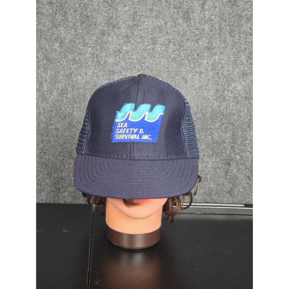 VTG Reynolds Sea Safety Survival Inc Trucker Hat Navy Blue Large XL Snapback USA
